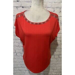 Ruby Rd. Women's short Sleeve Shirt Jeweled Neckline petite medium